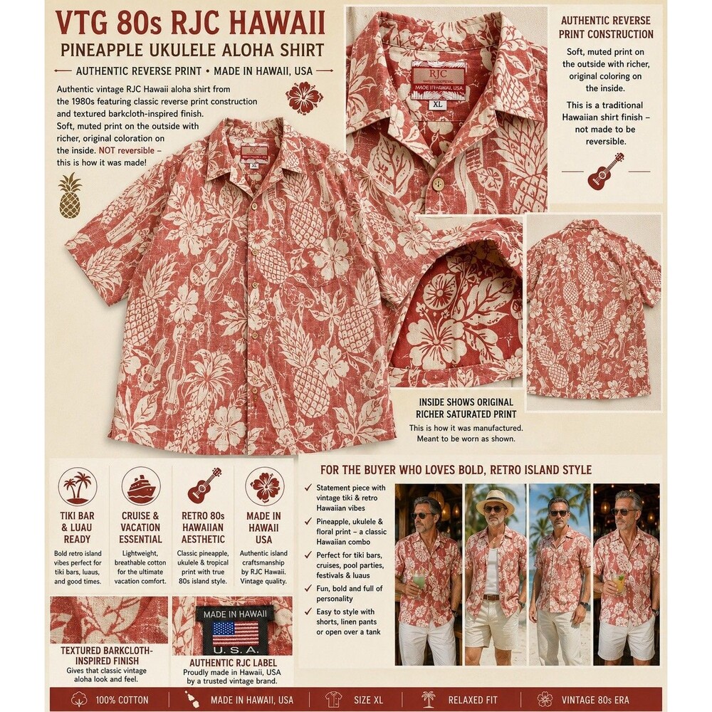 VTG 80s RJC Hawaii Reverse Print Pineapple Ukulele Aloha Shirt XL